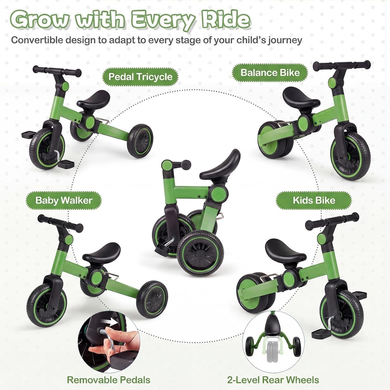 4 in 1 Kids Tricycle Balance Bike Foldable Adjustable Handle Green