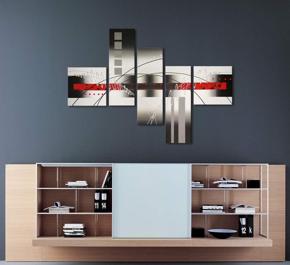 5 Panel Abstract Canvas Wall Art Red Black Modern Framed Set