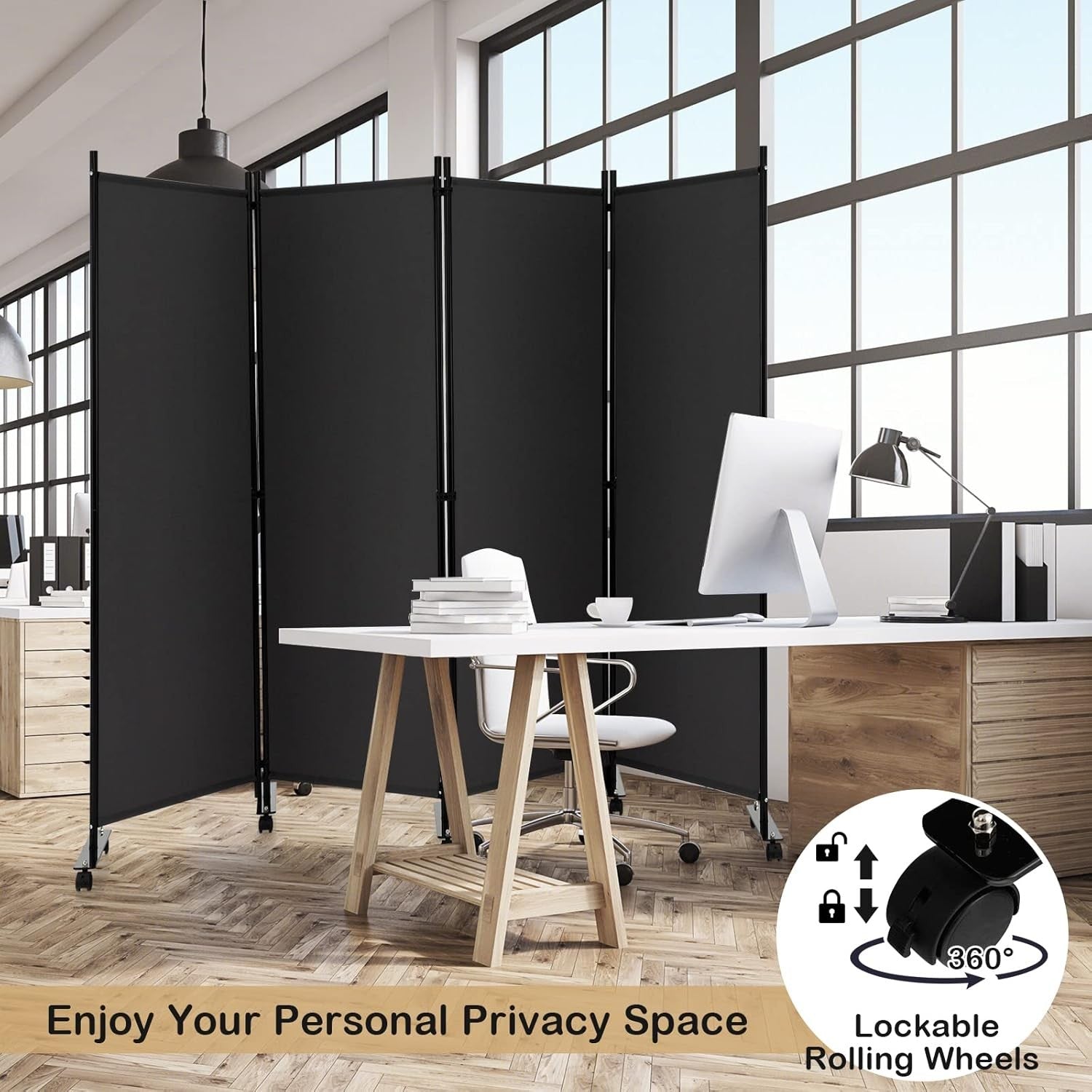 4-Panel Grey Folding Room Divider 224x30x172cm Privacy Screen Partition