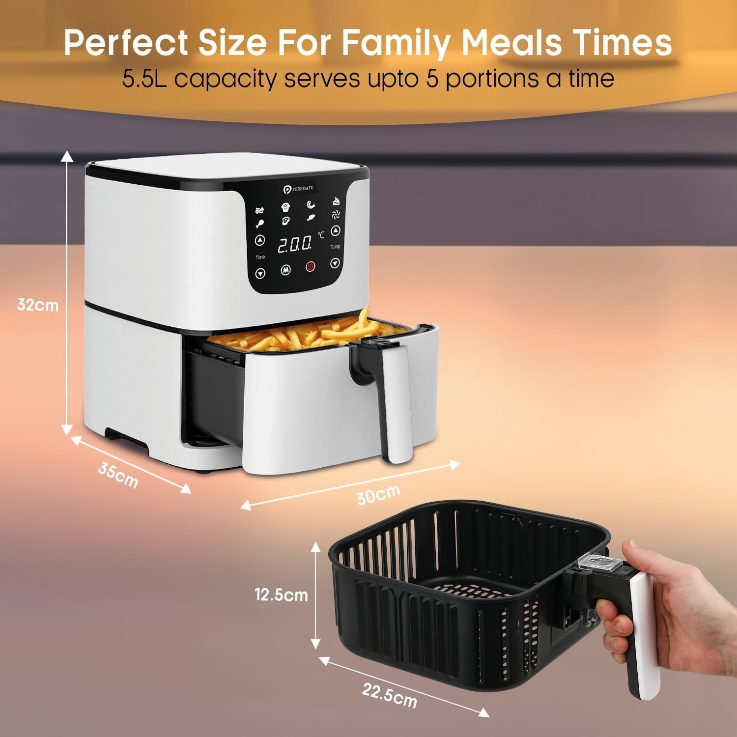 5.5L Digital Air Fryer 1700W | Oil-Free Cooking | 7 Presets + Recipe Book White