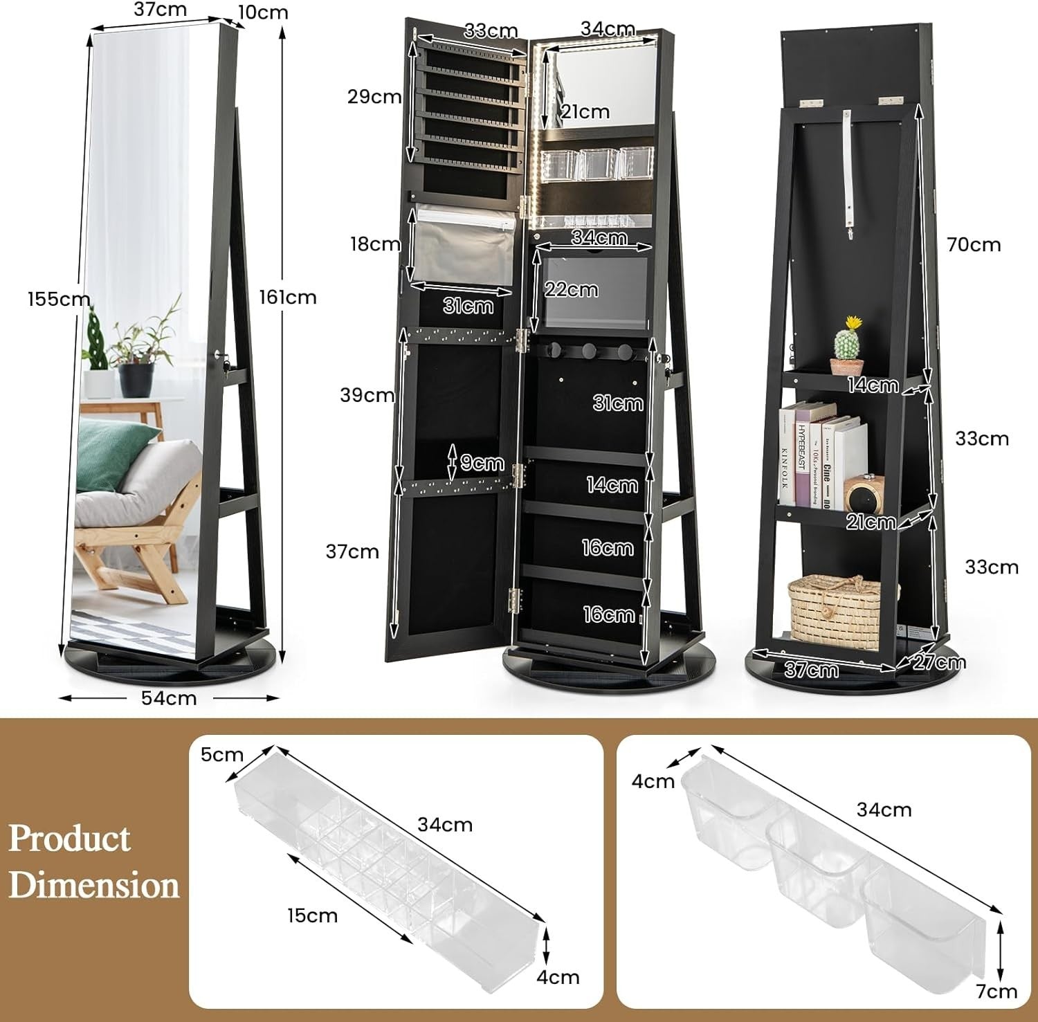 Black Rotating Jewelry Organizer LED Full Mirror Lockable Storage Unit