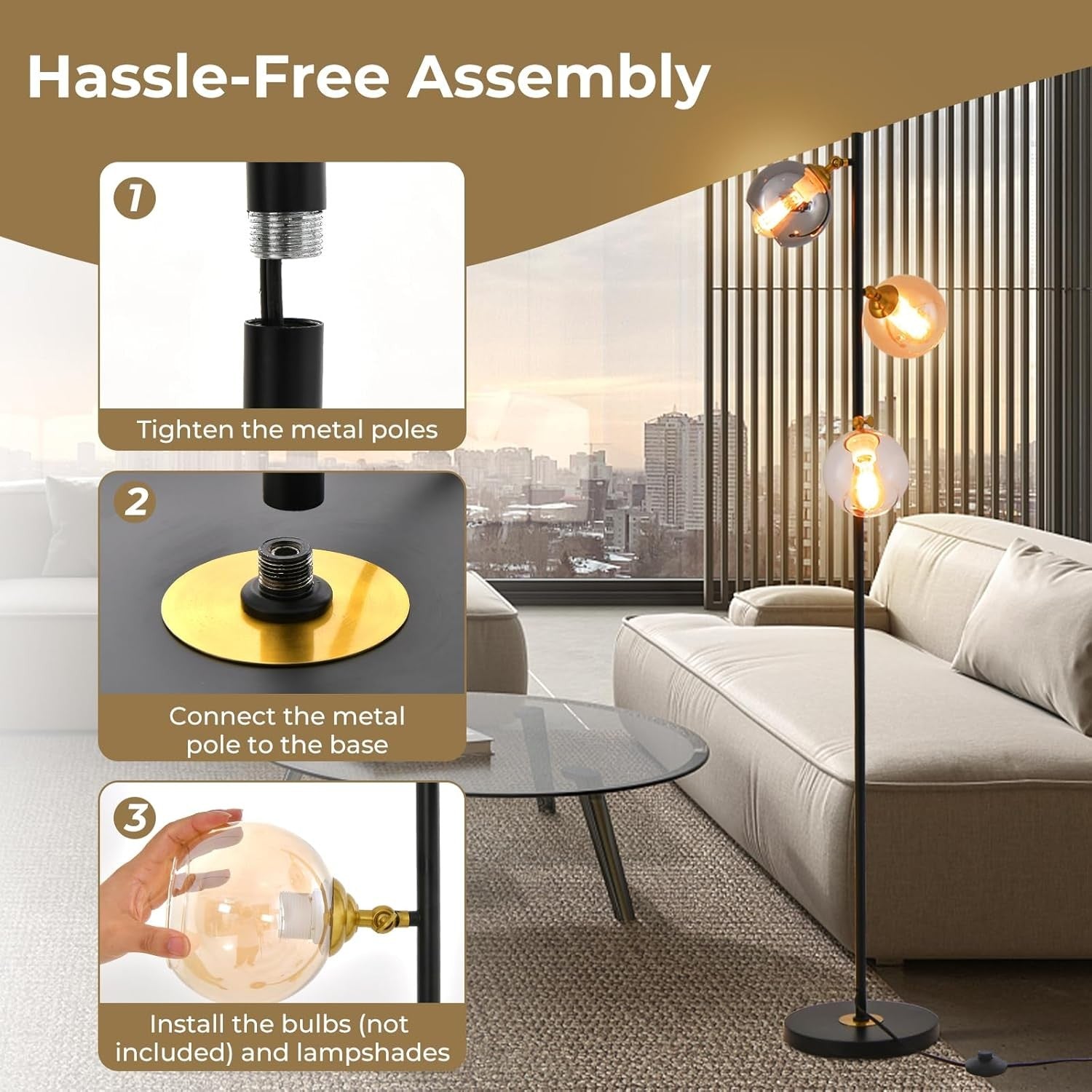 3 Light Floor Lamp Industrial Tree Standing Lamp Glass Shades E27 Tall