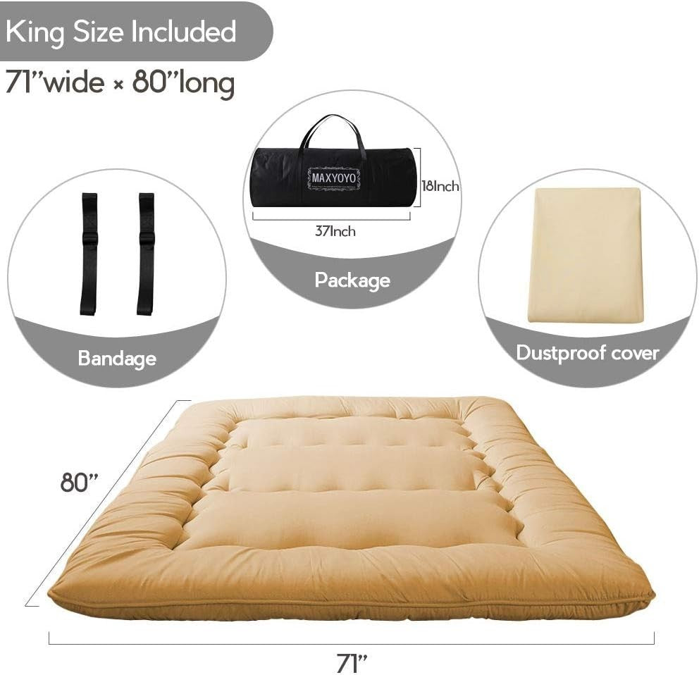 King Size Foldable Japanese Futon Mattress | Thick, Breathable Tatami Pad
