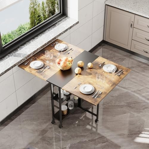 Foldable Space Saving Dining Table with Storage Shelves & Wheels for Small Rooms