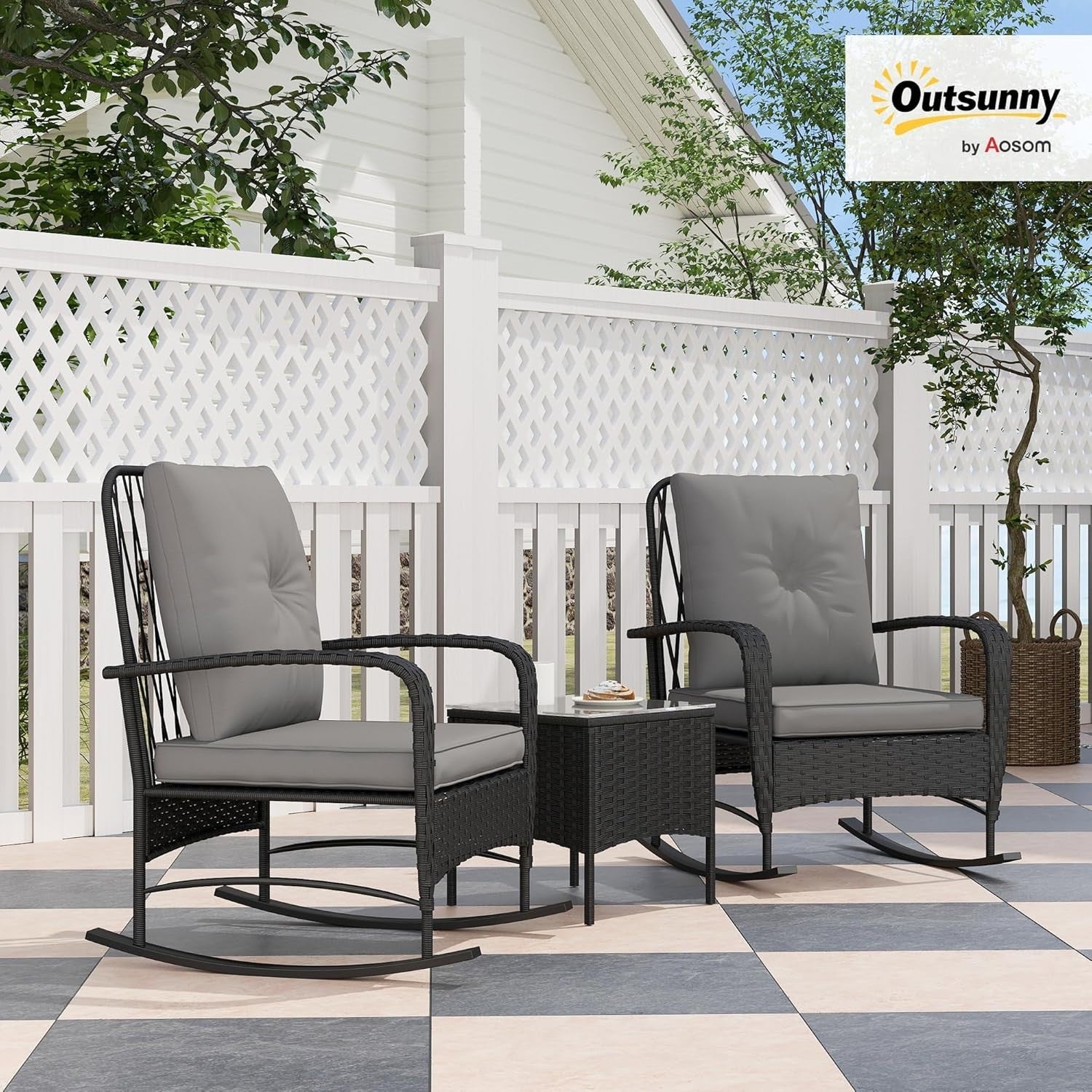 Rocking Rattan Bistro Set 3PC Cushioned Chairs Glass Table Balcony Patio