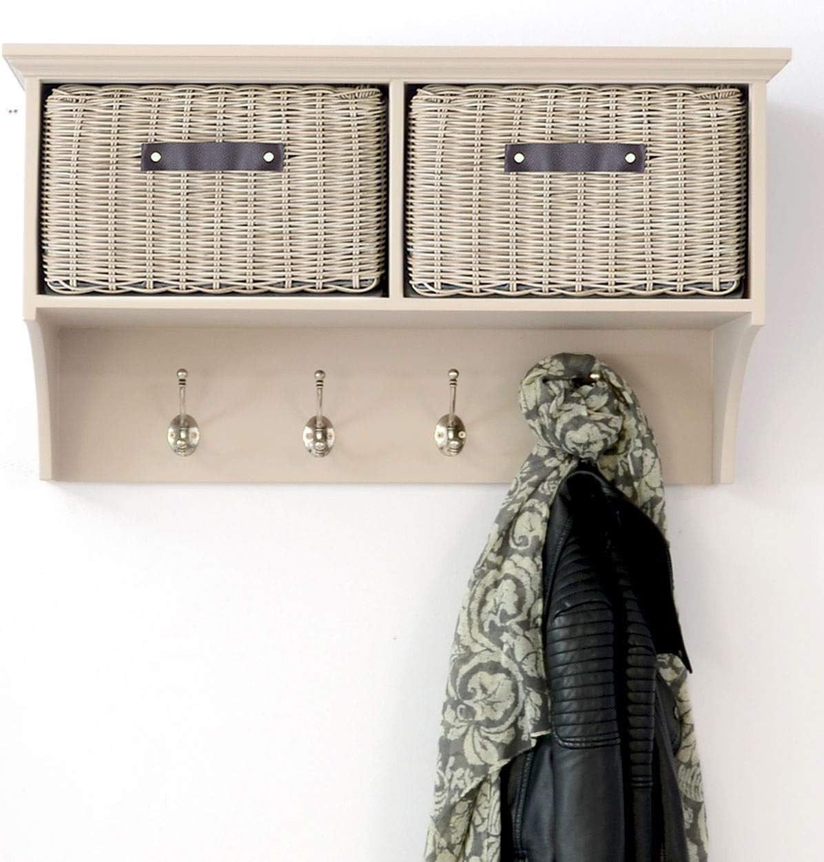 Wall Mounted Coat Rack with Baskets & 4 Hooks Hallway Storage Shelf Unit