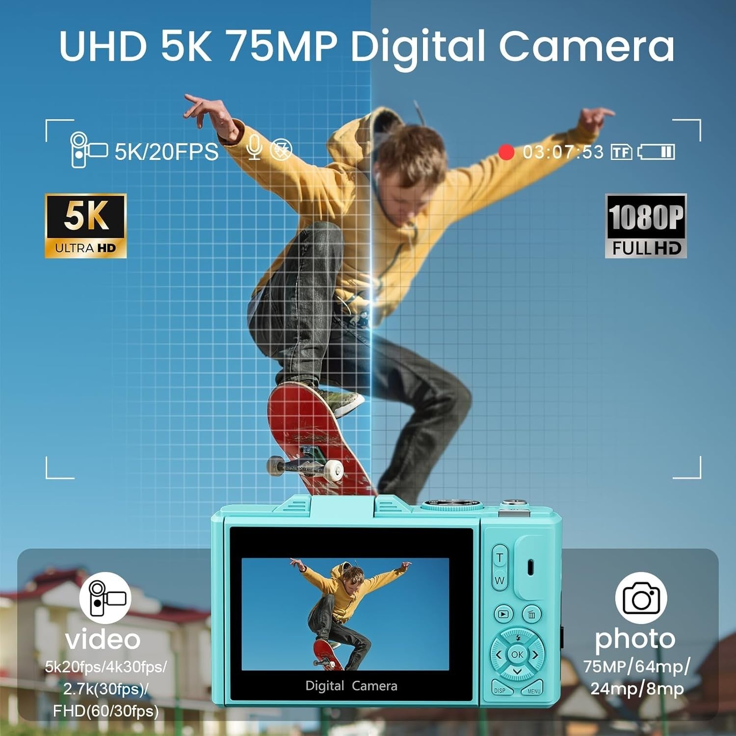 5K 75MP Digital Camera WiFi Vlogging Camera Flip Screen Blue Kit