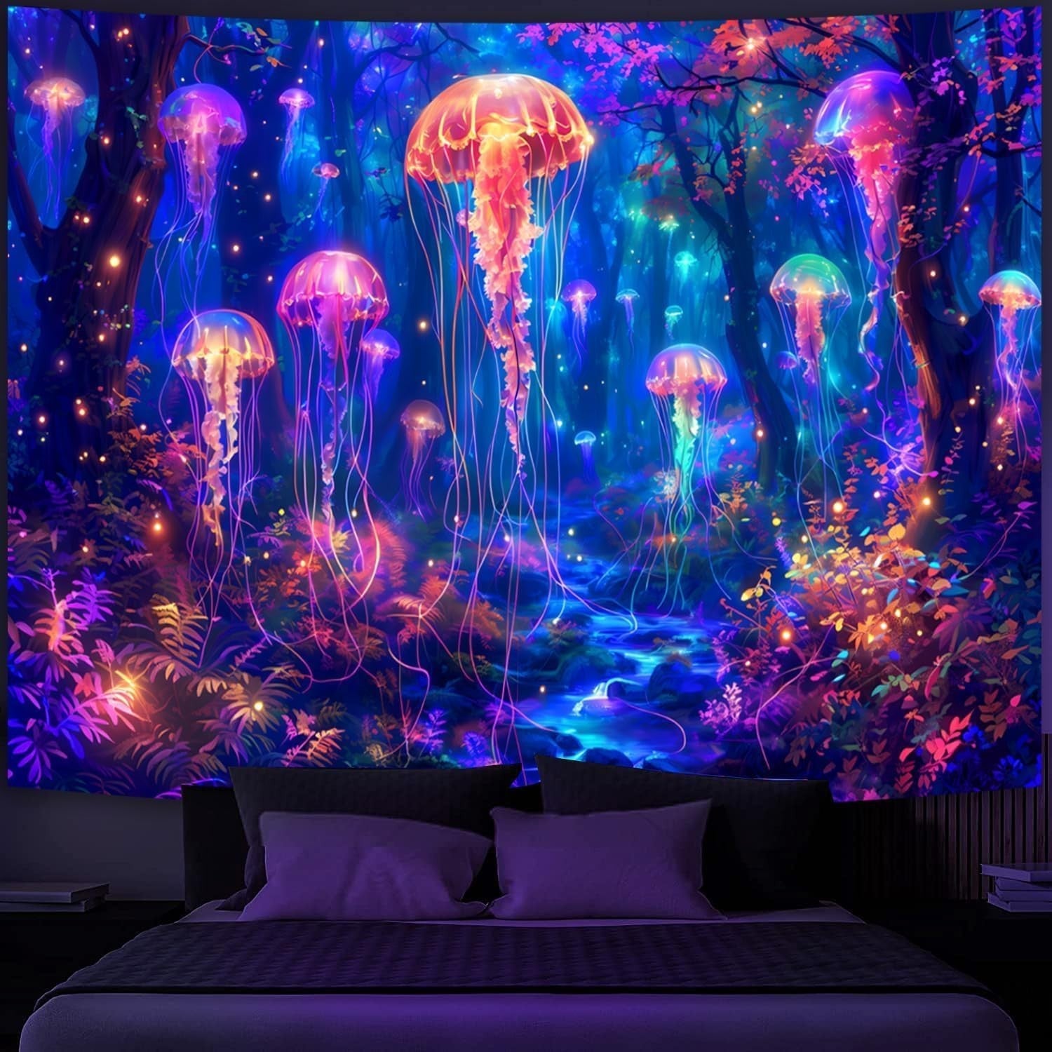 UV Reactive Jellyfish Forest Tapestry Neon Glow Wall Art Large