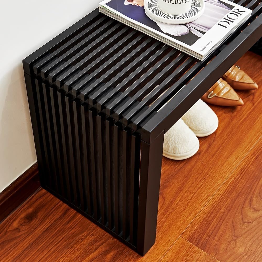 Modern Black Wooden Slatted Bench Sleek Indoor Seating Storage Entryway Décor
