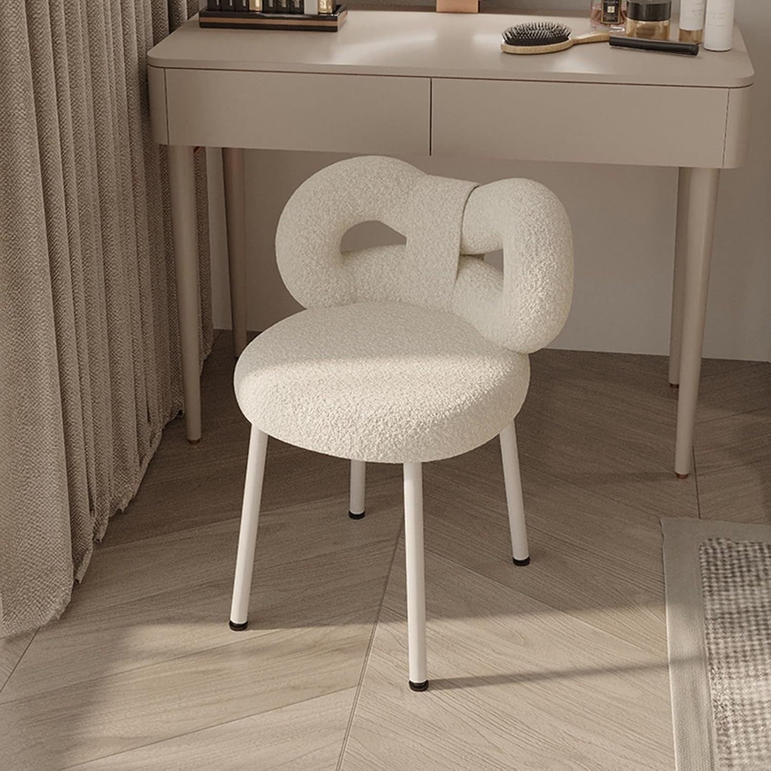 White Bowknot Vanity Chair Faux Wool Makeup Stool Adjustable Feet Modern