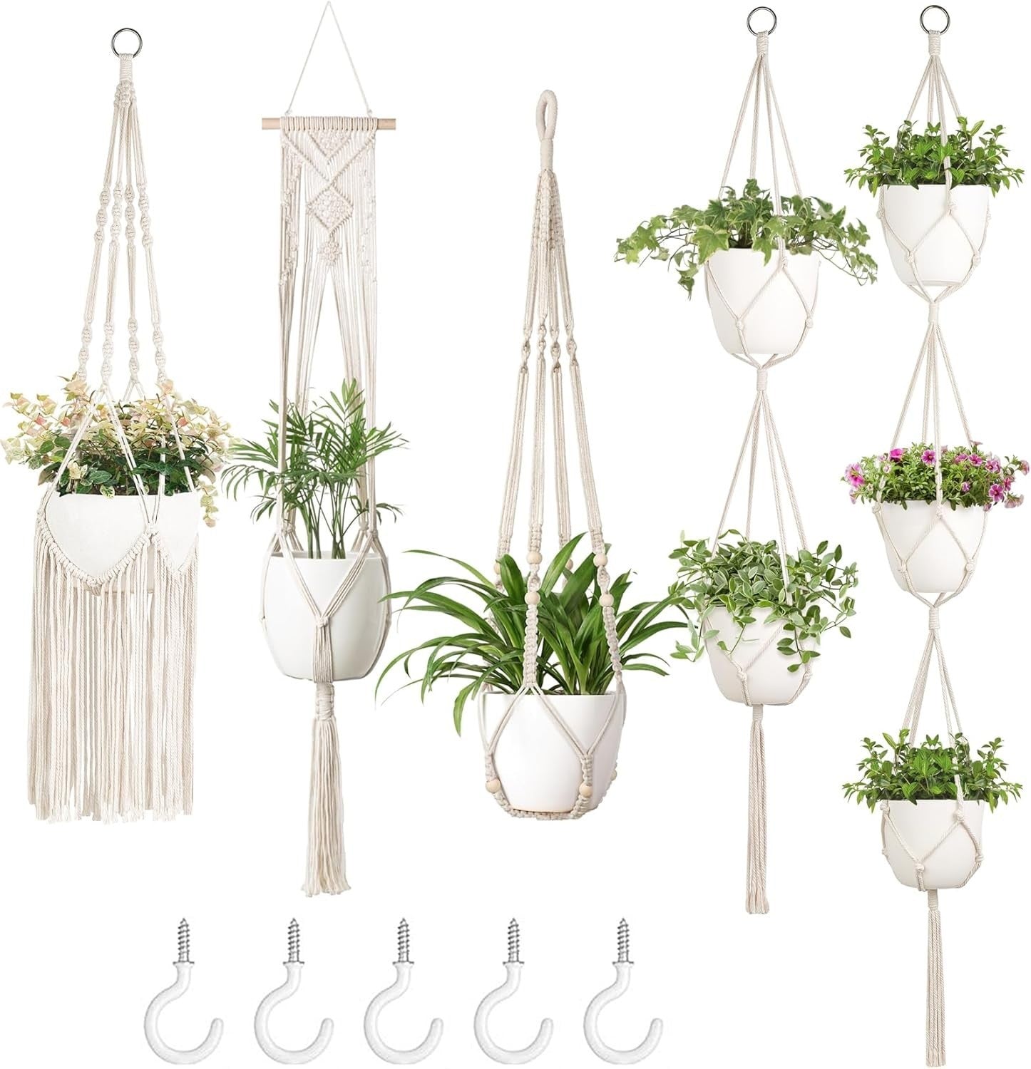 Boho Macrame Plant Hangers Set of 5 Indoor/Outdoor Cotton Planters