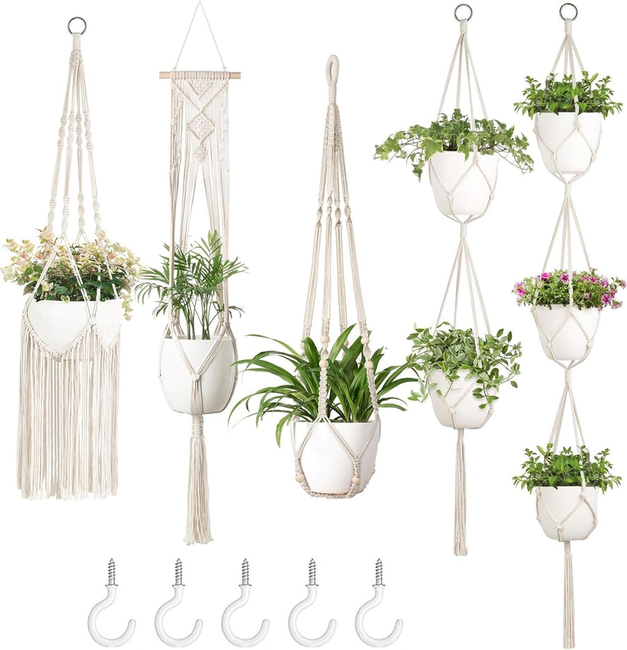 Boho Macrame Plant Hangers Set of 5 Indoor/Outdoor Cotton Planters
