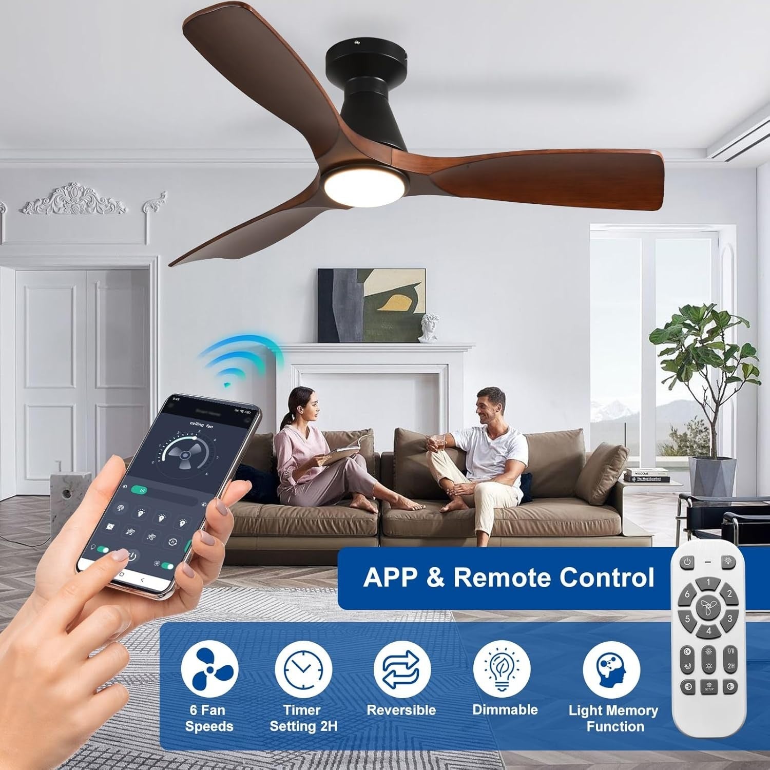 42" Ceiling Fan Light, Walnut Wood 3-Blade LED, Quiet Reversible DC