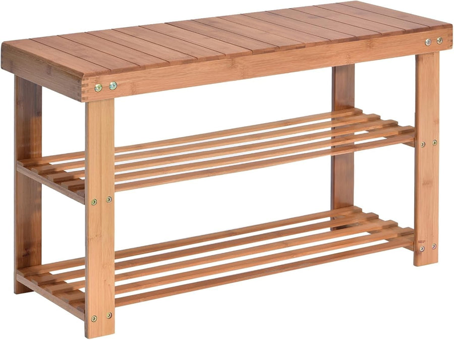 2-Tier Bamboo Shoe Storage Bench with Seat for Entryway Hallway 70cm