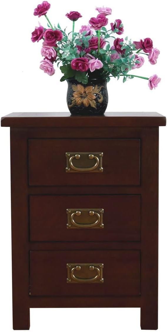 Walnut Oak Bedside Table with 3 Drawers, Solid Wood Nightstand 56x42x32cm