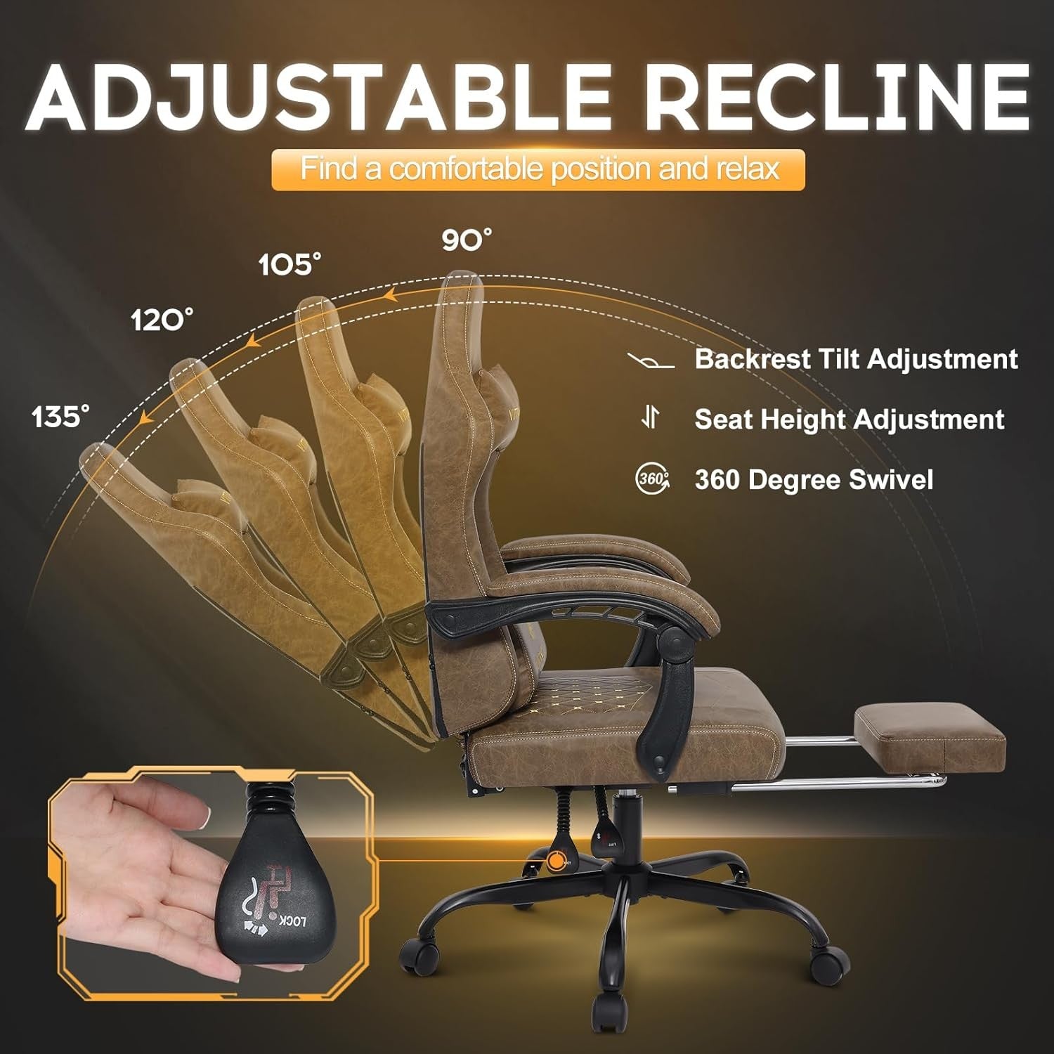 Reclining Gaming Chair with Footrest Pocket Spring Brown