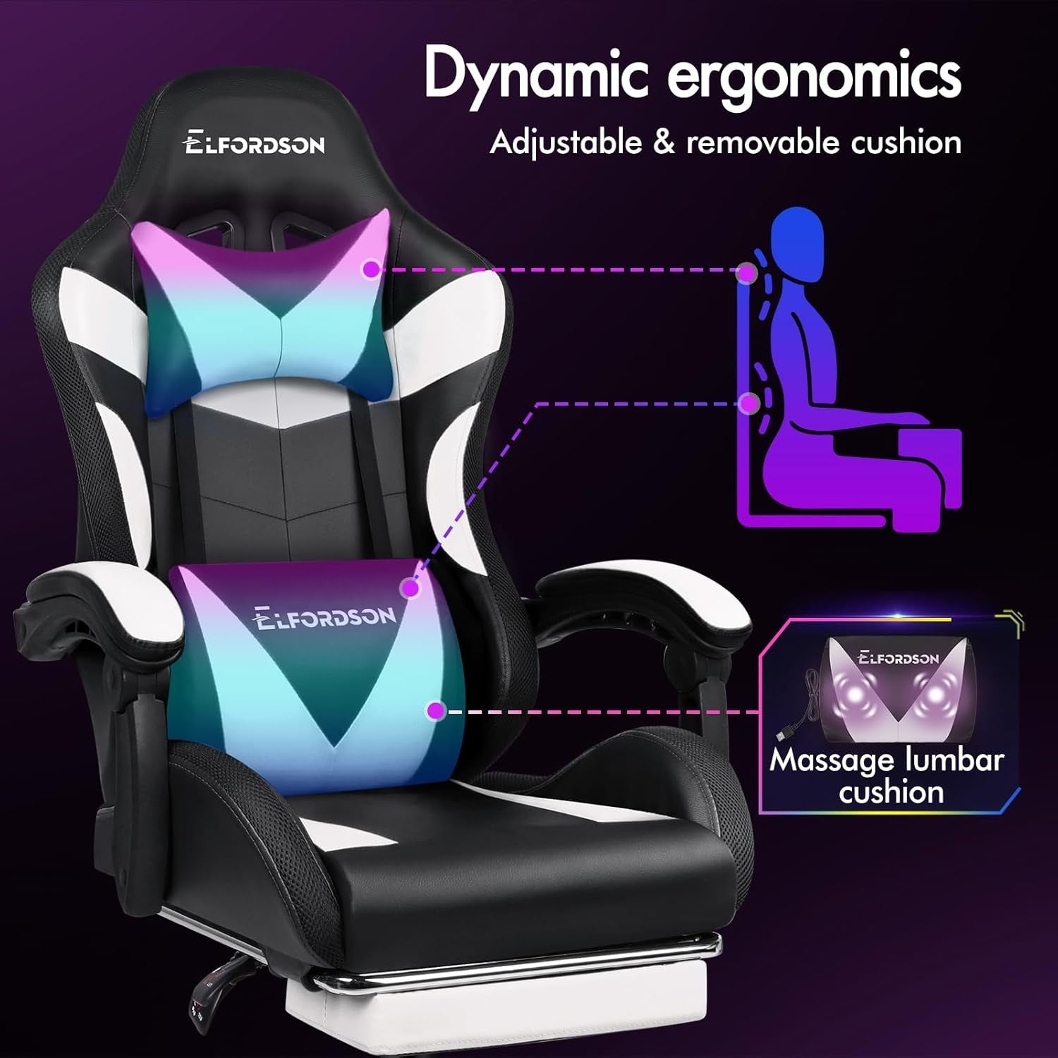 White LED Gaming Chair RGB 8-Point Massage Recliner w/ Footrest