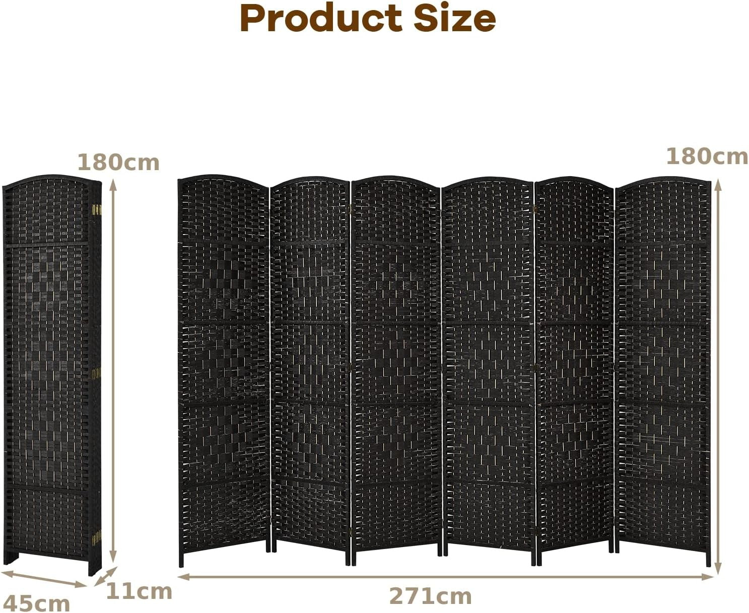 6 Panel Black Wicker Folding Room Divider Privacy Screen for Living Room Office