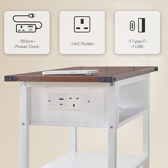 Slim LED Bedside Table with Charging Station, 3-Tier Nightstand for Small Spaces