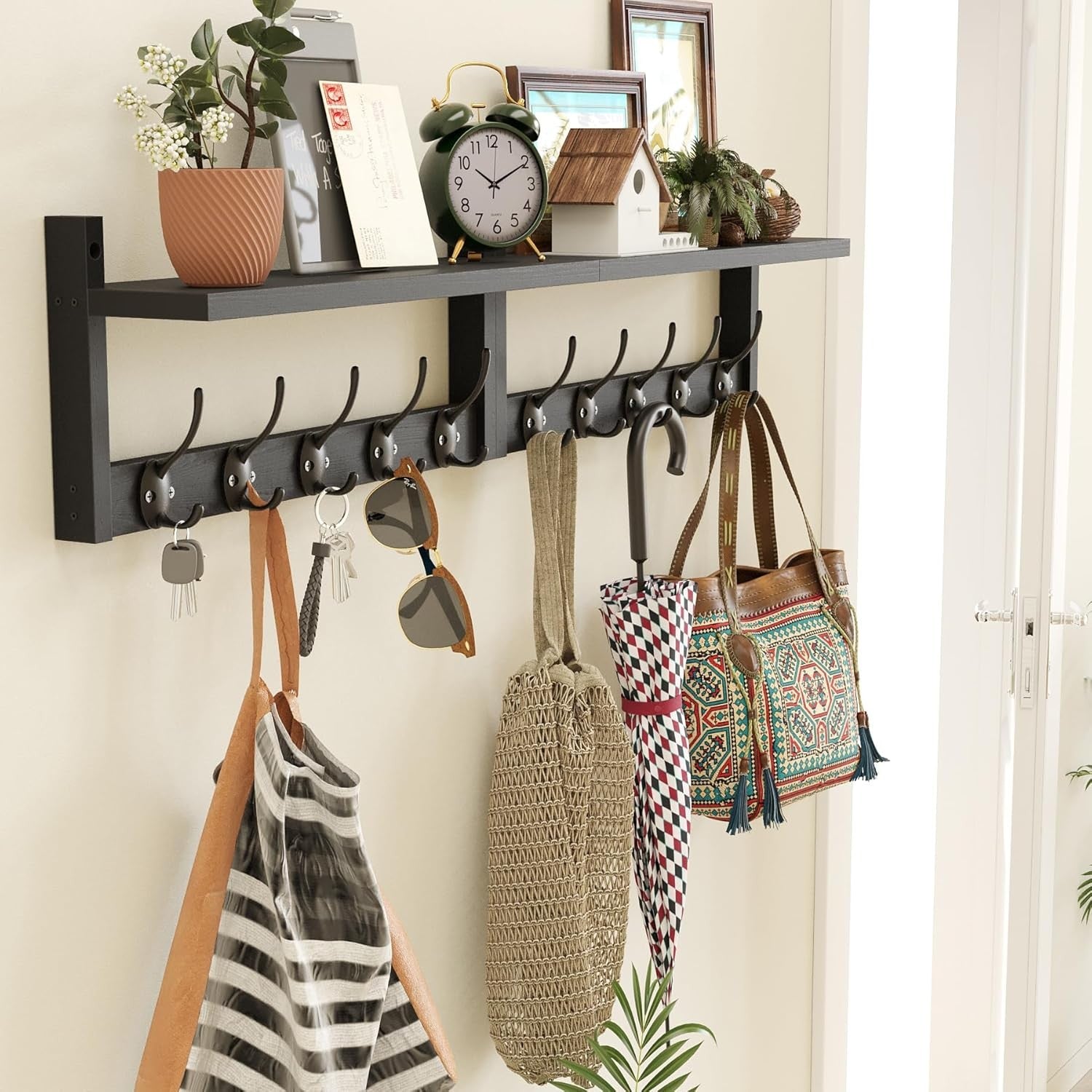 Wooden Wall Coat Rack with Shelf 87cm | 10 Hooks for Coats Hats Keys