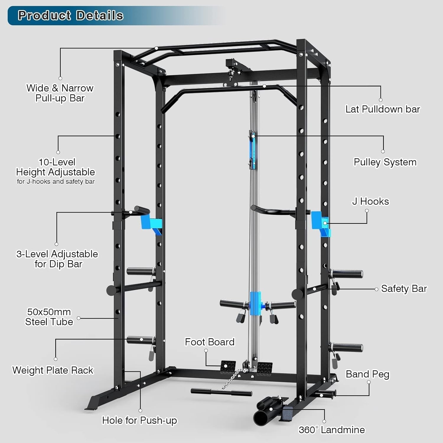 Multi-Functional Power Rack Cage J-Hooks Dip Handles Cable Pulley