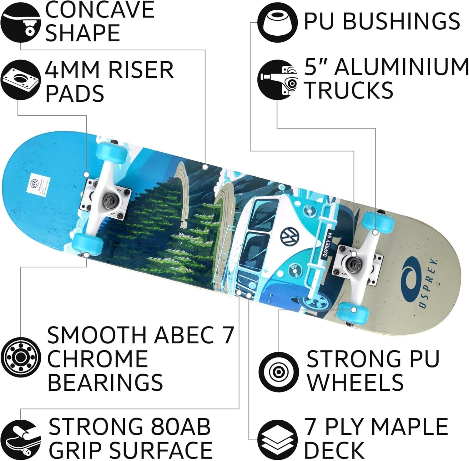 31" Double Kick Skateboard Maple Deck Grip Tape 54mm Wheels Youth Adult Cruiser