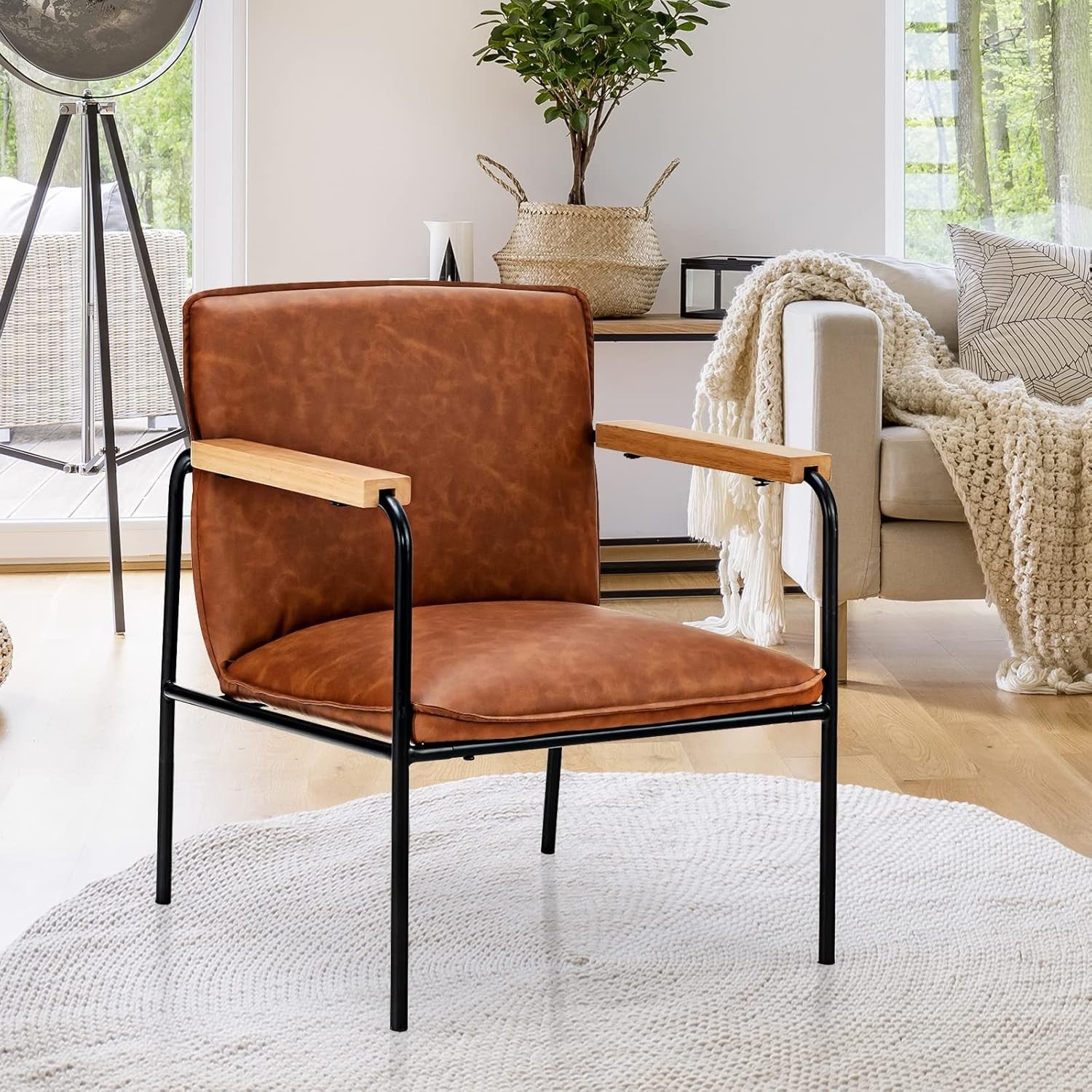 Camel PU Leather Accent Chair Lounge Armchair Wood Arms