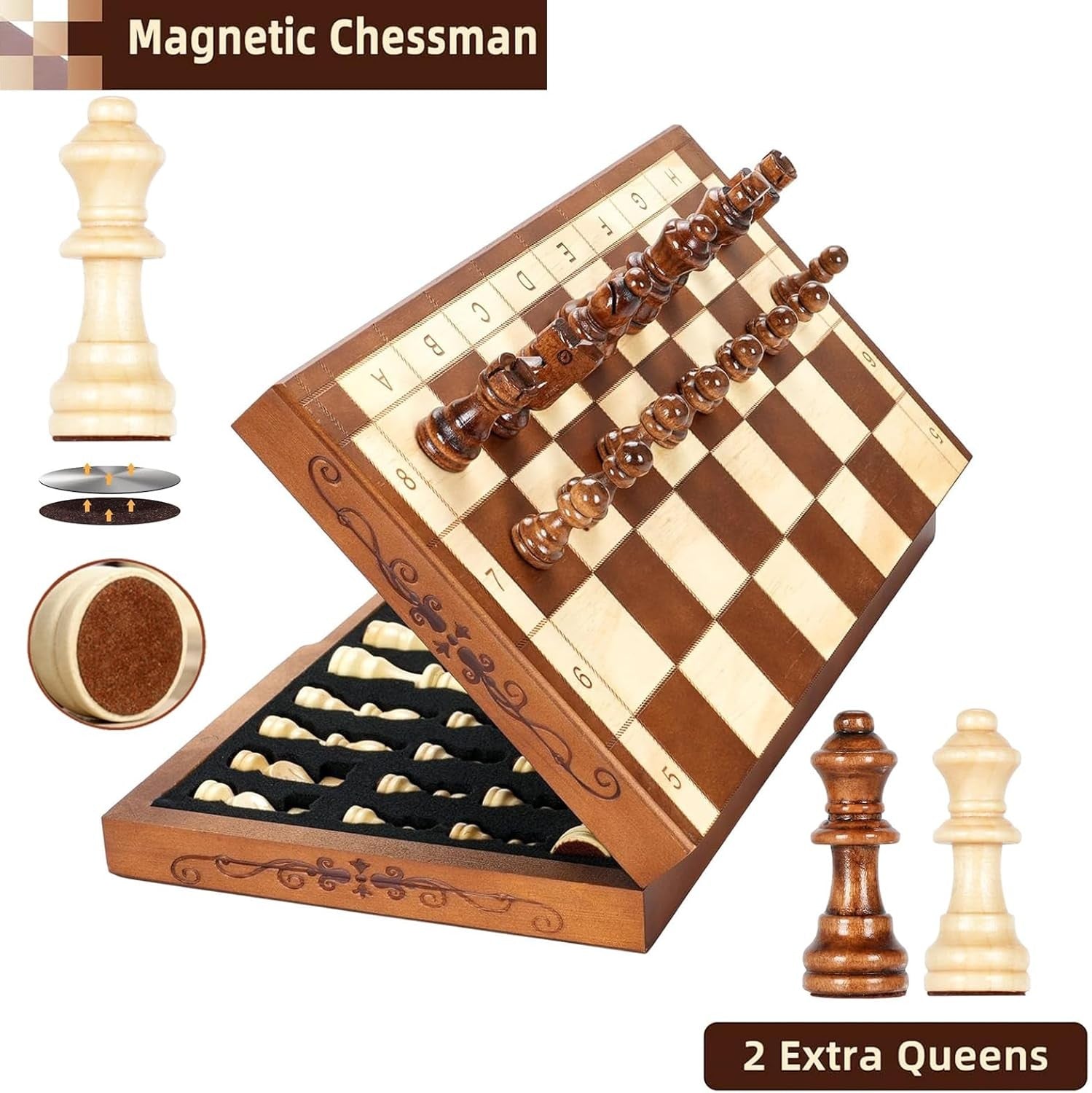 Luxury 15.7" Magnetic Folding Wooden Chess Set with Storage Slots Travel Game