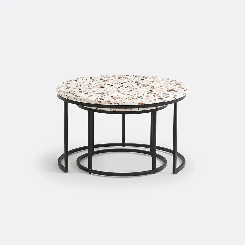 Set 2 Terrazzo Round Nesting Coffee Tables 70/50 cm Black Metal Base