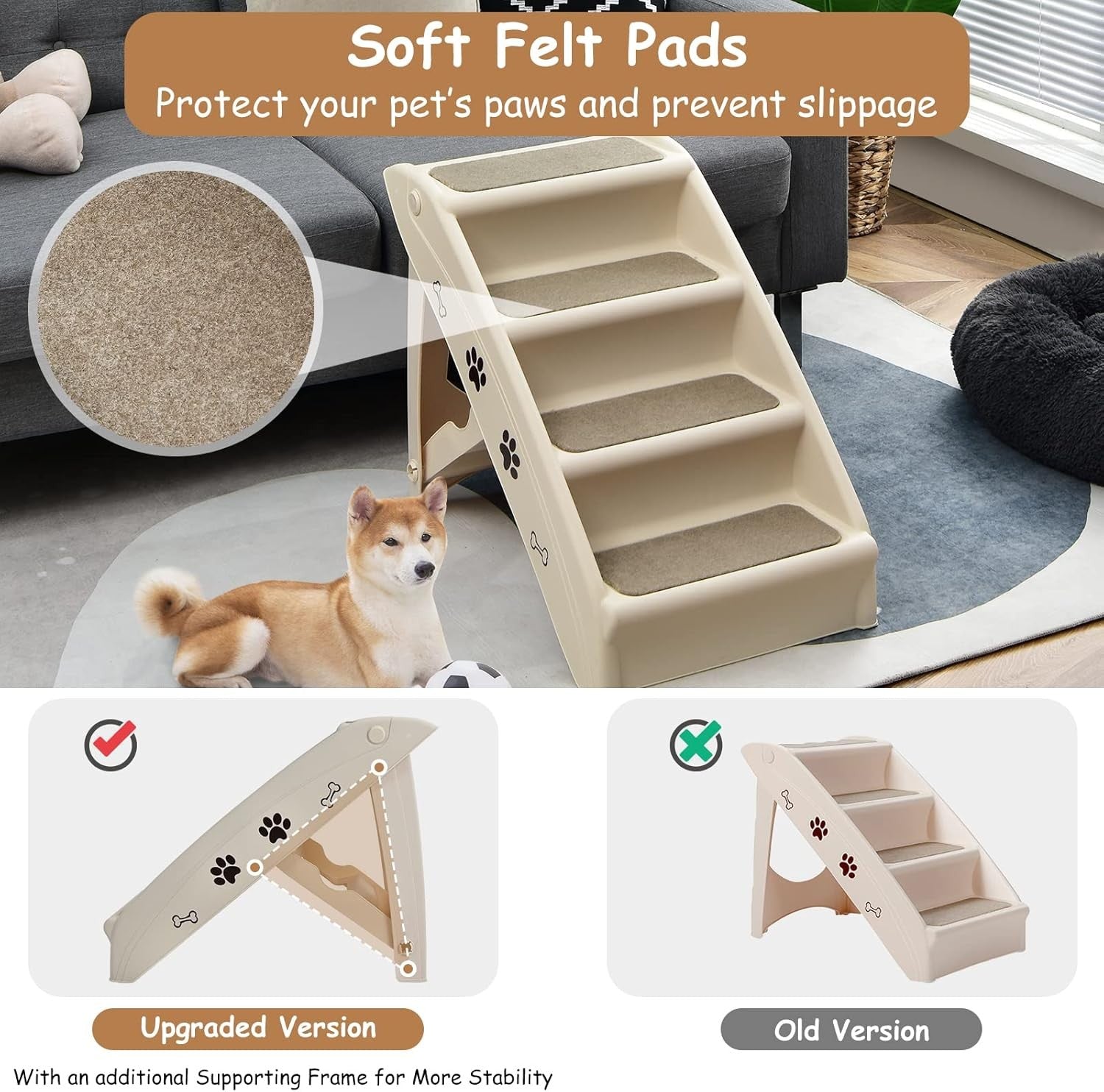 Foldable Portable Dog & Cat Pet Steps – 4‑Step Non‑Slip Felt Pet Ramp (Beige)
