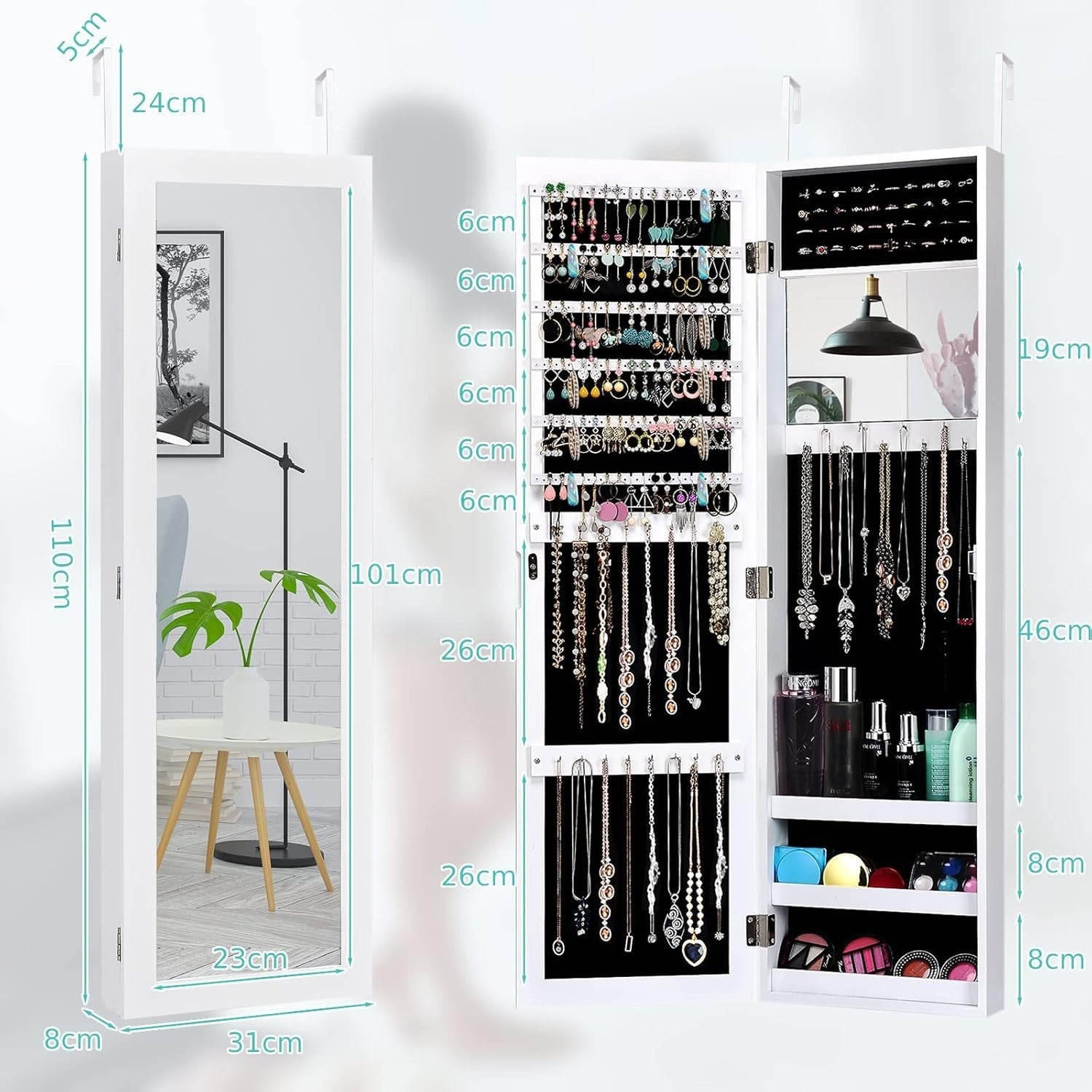 Wall Mounted Jewelry Cabinet Full Length Mirror Hanging Organizer White