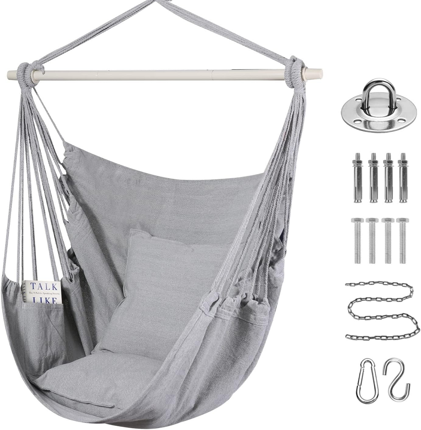 Hammock Chair Swing Grey w/ Pillows, Bar & Bag | Indoor Outdoor 330lbs