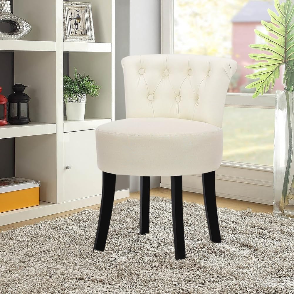 Beige High-Back Linen Vanity Chair with Solid Wood Legs for Dressing Table