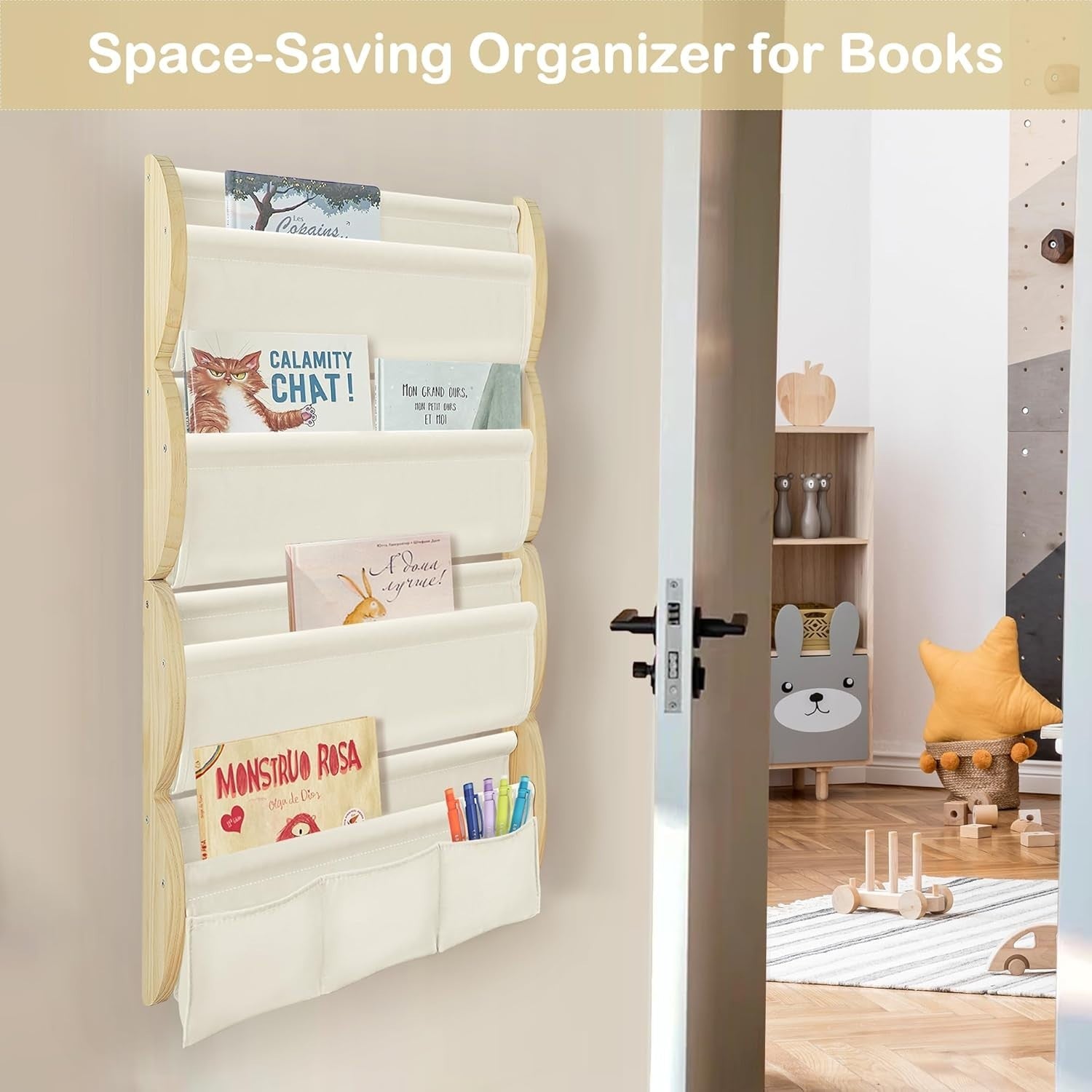 4-Tier Wall Mounted Kids Bookshelf with Fabric Sling & 3 Pockets, Cream