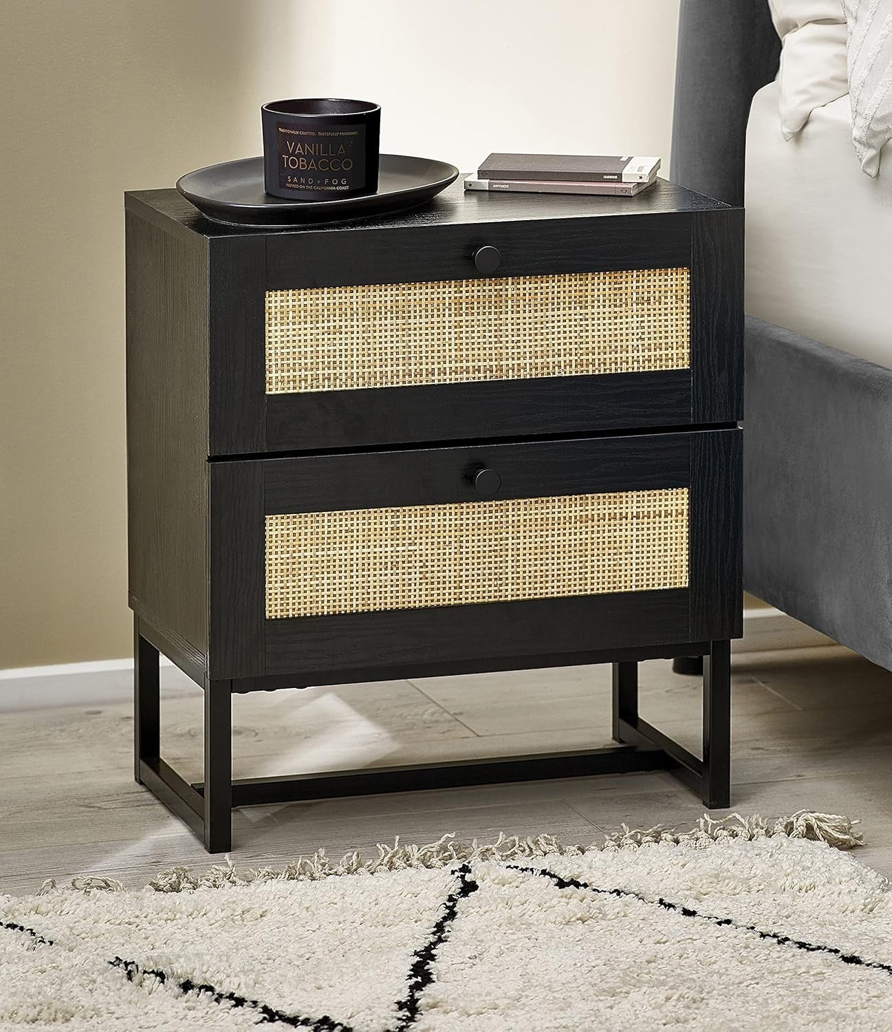 Modern Black 2 Drawer Bedside Table with Rattan Front 50x30x55cm