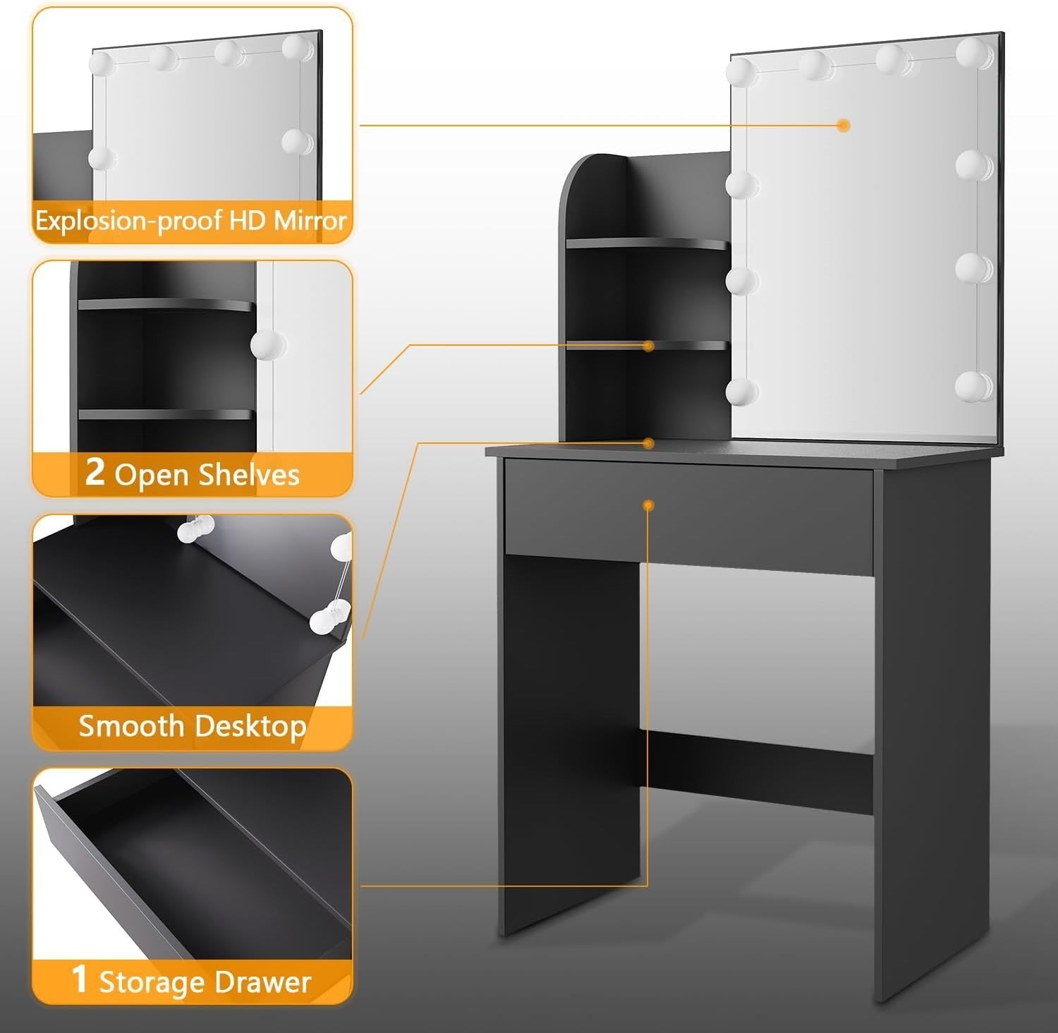 Hollywood Vanity Dressing Table Mirror Set Black Dresser Desk 1 Drawer 70x40x140