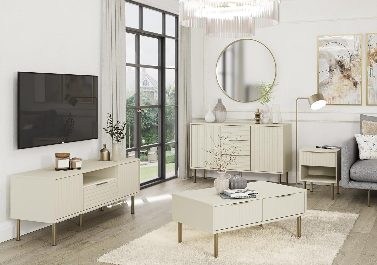 Ivory Sideboard Cabinet with Shutter Doors 3 Drawers Modern Storage Unit