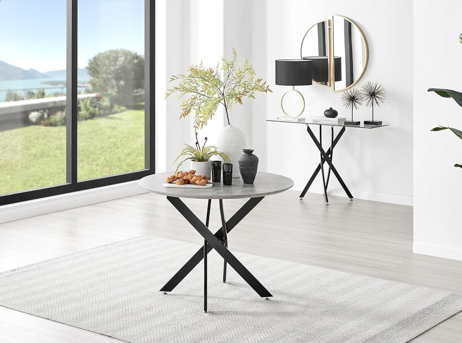 Round Concrete Dining Table 100cm Black Legs Modern Compact 2–4 Seater