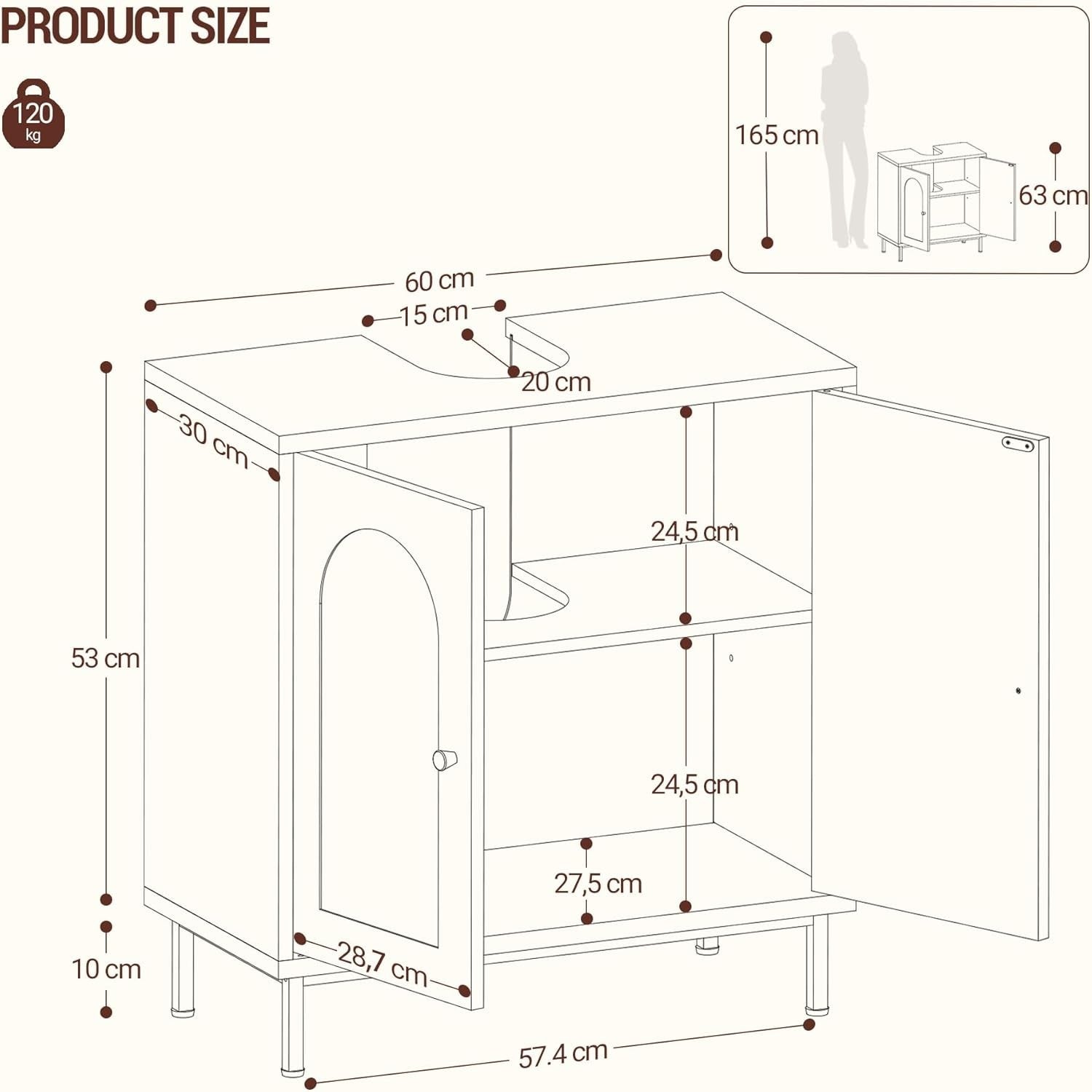 Luxury White Under Sink Cabinet with Shelf & Gold Legs – Bathroom Storage 63cm