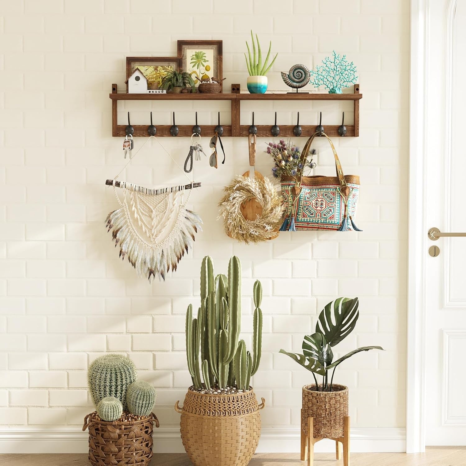 Wooden Wall Hook Rack with Shelf 87cm | 10 Hooks for Coats Hats Bags