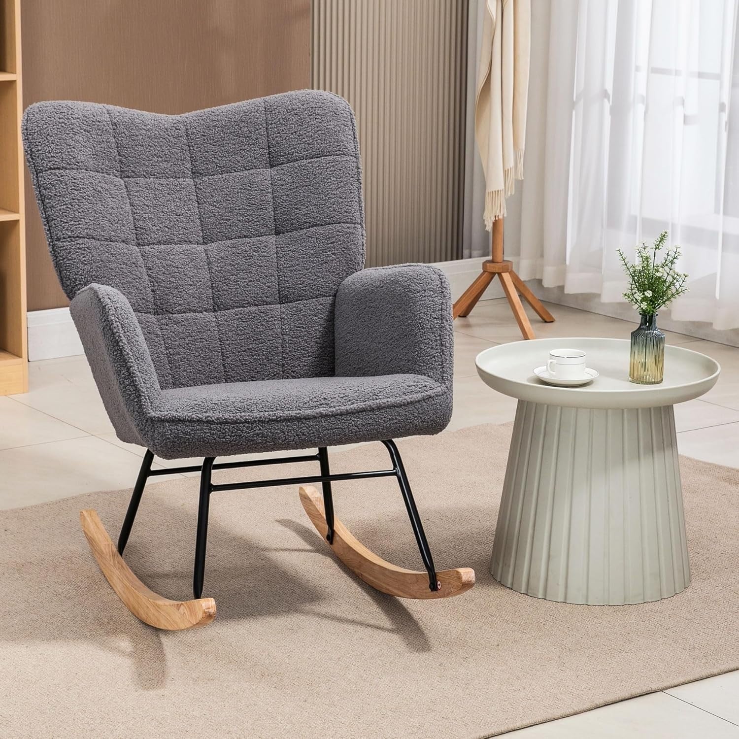 Fleece Wingback Rocking Chair with Wood Base – Comfy Lounge Armchair