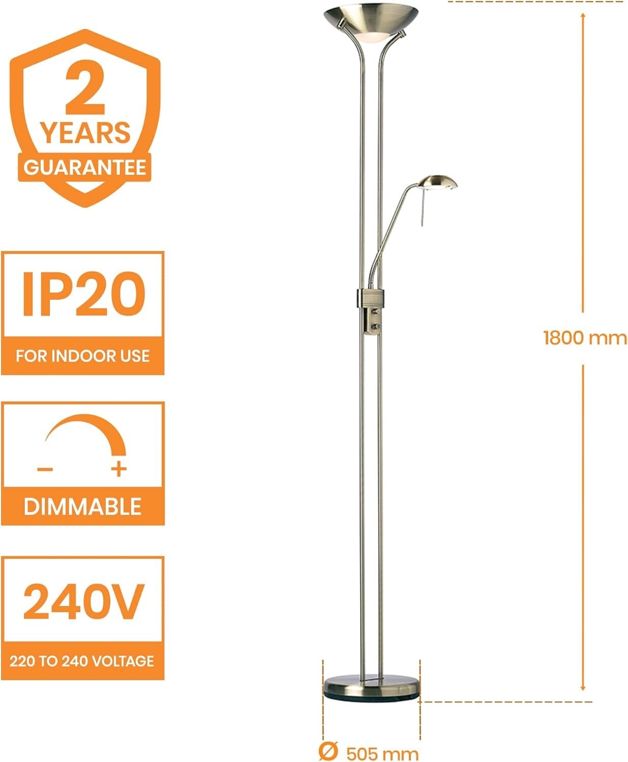 Tall Dimmable Floor Lamp with Reading Light Brass Finish 180cm Dual Head