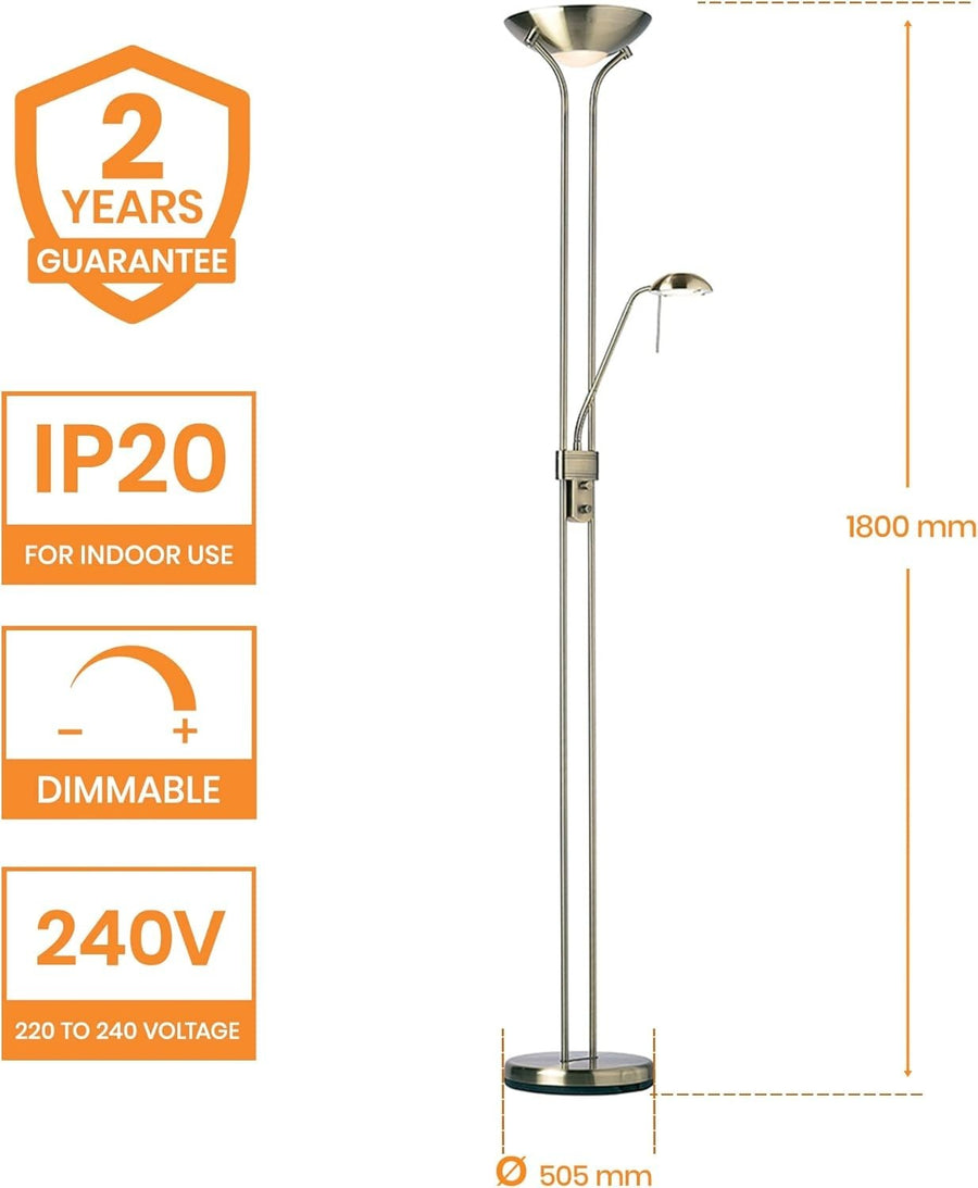 Tall Dimmable Floor Lamp with Reading Light Brass Finish 180cm Dual Head