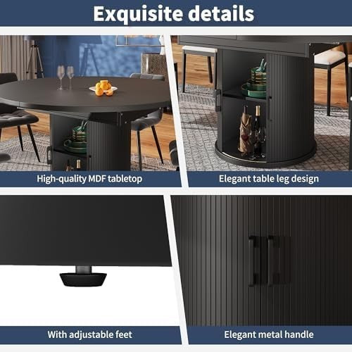 Extendable Round Dining Table Black Storage 118-158cm Oval
