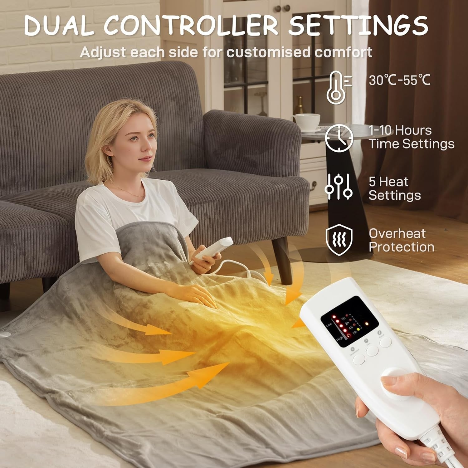 Electric Heated Throw Grey Blanket 140x160cm Dual Control Flannel Soft Fast Heat
