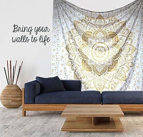Metallic Gold Mandala Tapestry 52x60in Boho Wall Hanging Cotton