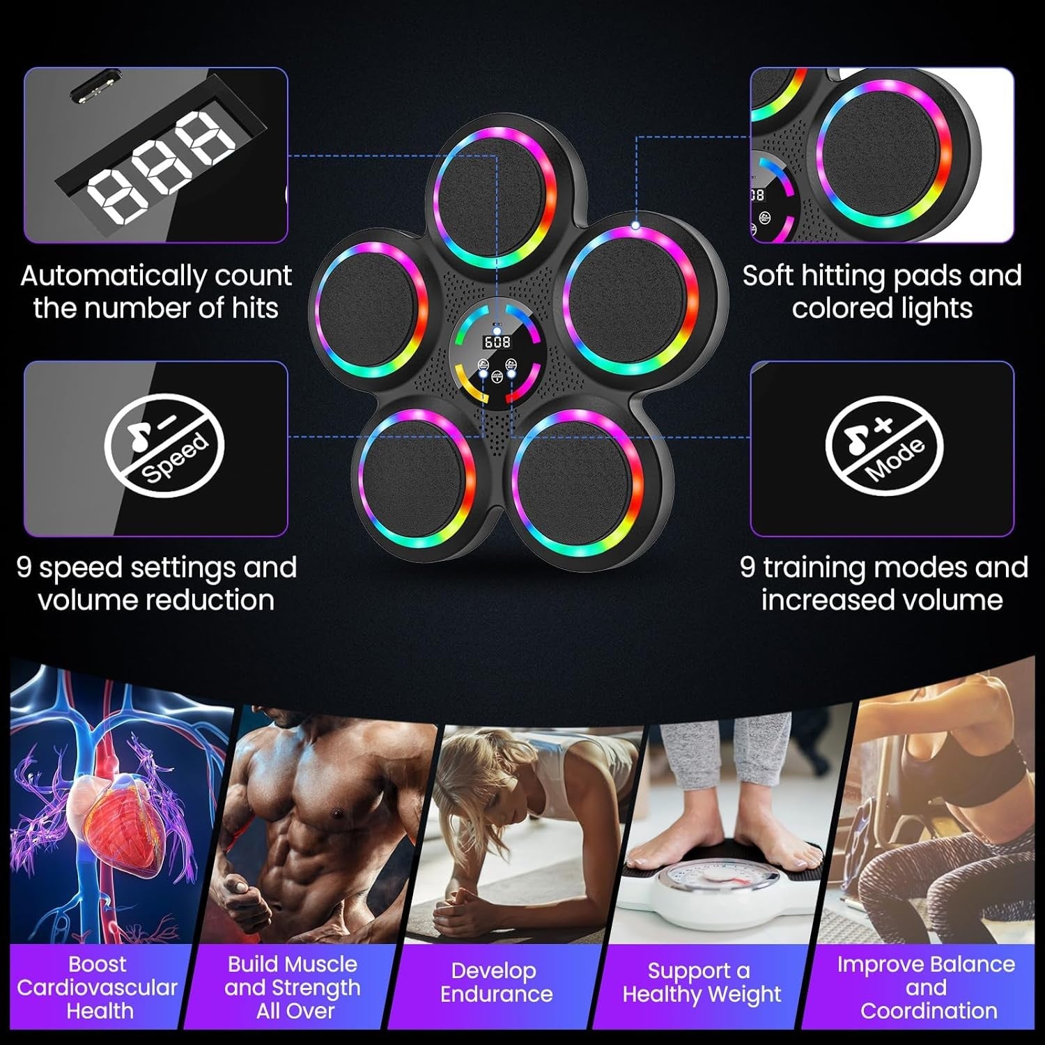 Music Boxing Machine LED Punch Trainer Bluetooth Wall Mounted Gloves Set