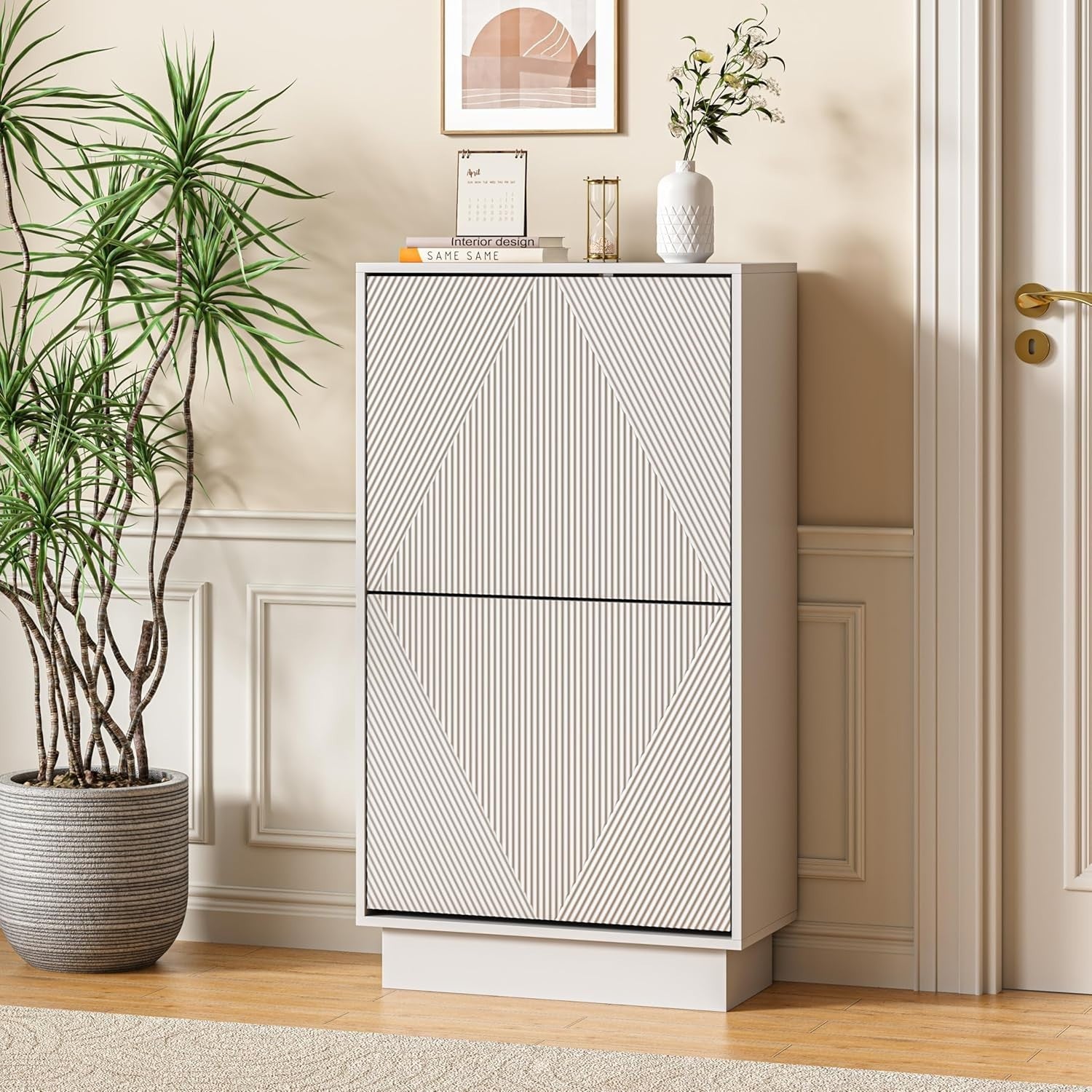 White Slim Shoe Cabinet Storage | 2 Flip Drawers, Anti-Tip, 91cm Narrow