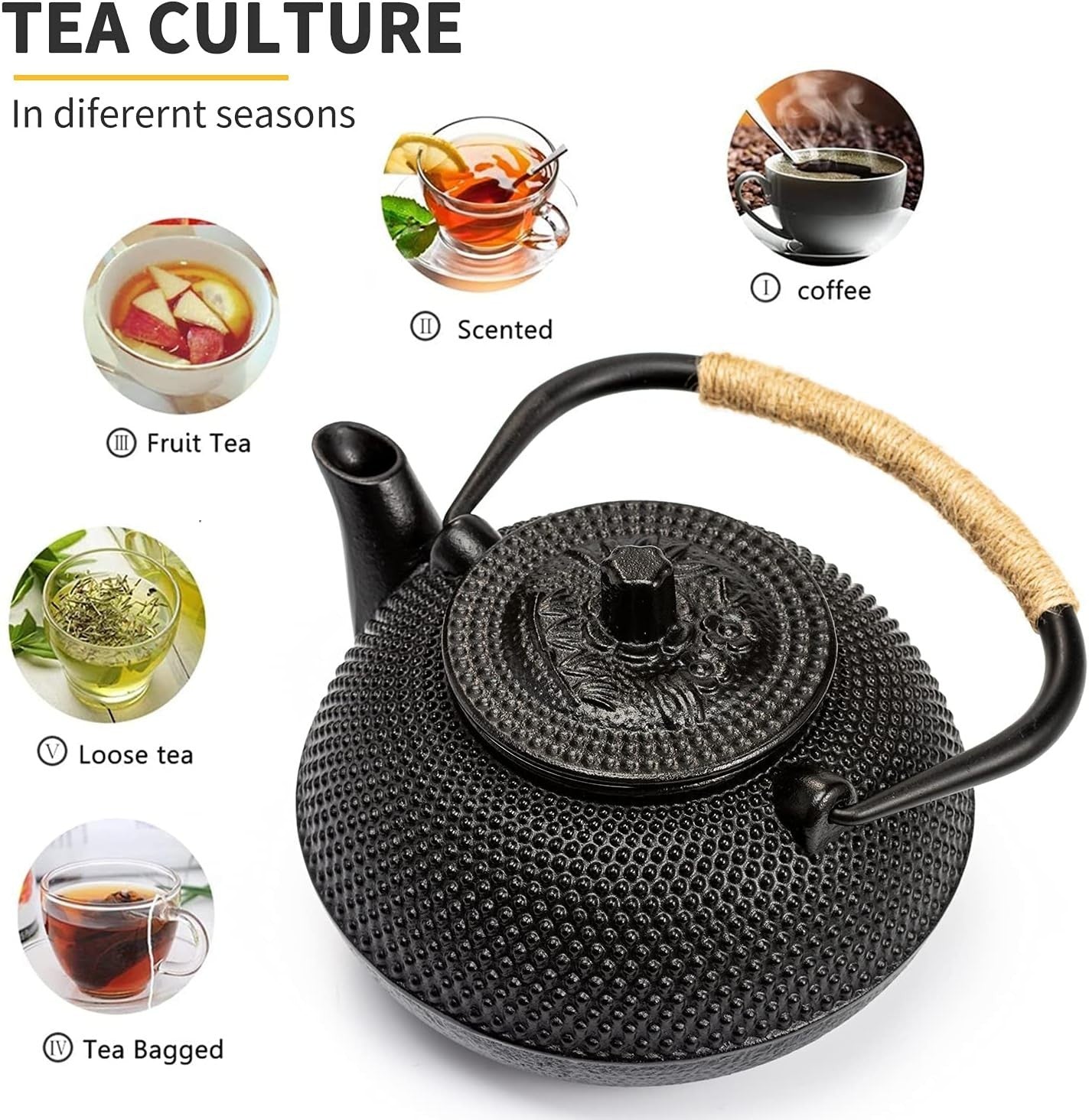 Cast Iron Teapot 900ml Japanese Tetsubin Tea Pot w/ Infuser Black