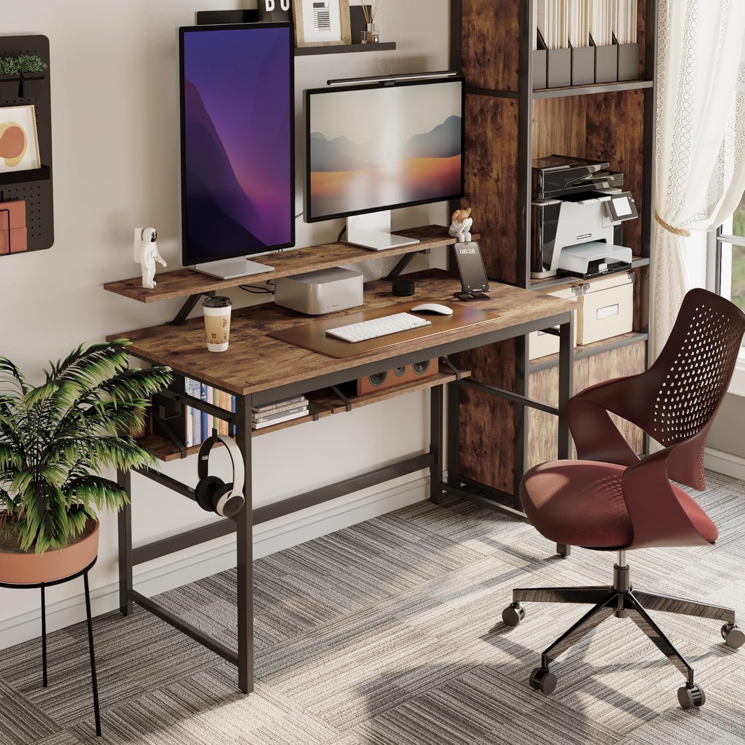 Rustic Brown Computer Desk 120cm with Monitor Stand & Adjustable Shelves